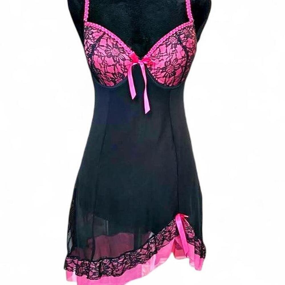 Y2K Black Pink Lace Babydoll Slip Dress L